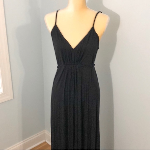 Moda International Pleated Tie Waist Boho Jersey Knit Maxi Dress Black sz Small - Picture 3 of 16